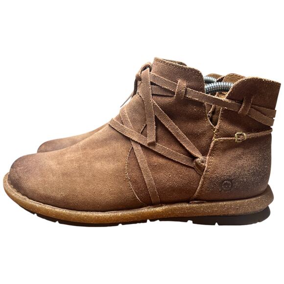 BORN Tarkiln Women's 41/US 9.5 Brown Leather Suede Flat Booties Zipper Strappy - Picture 1 of 16